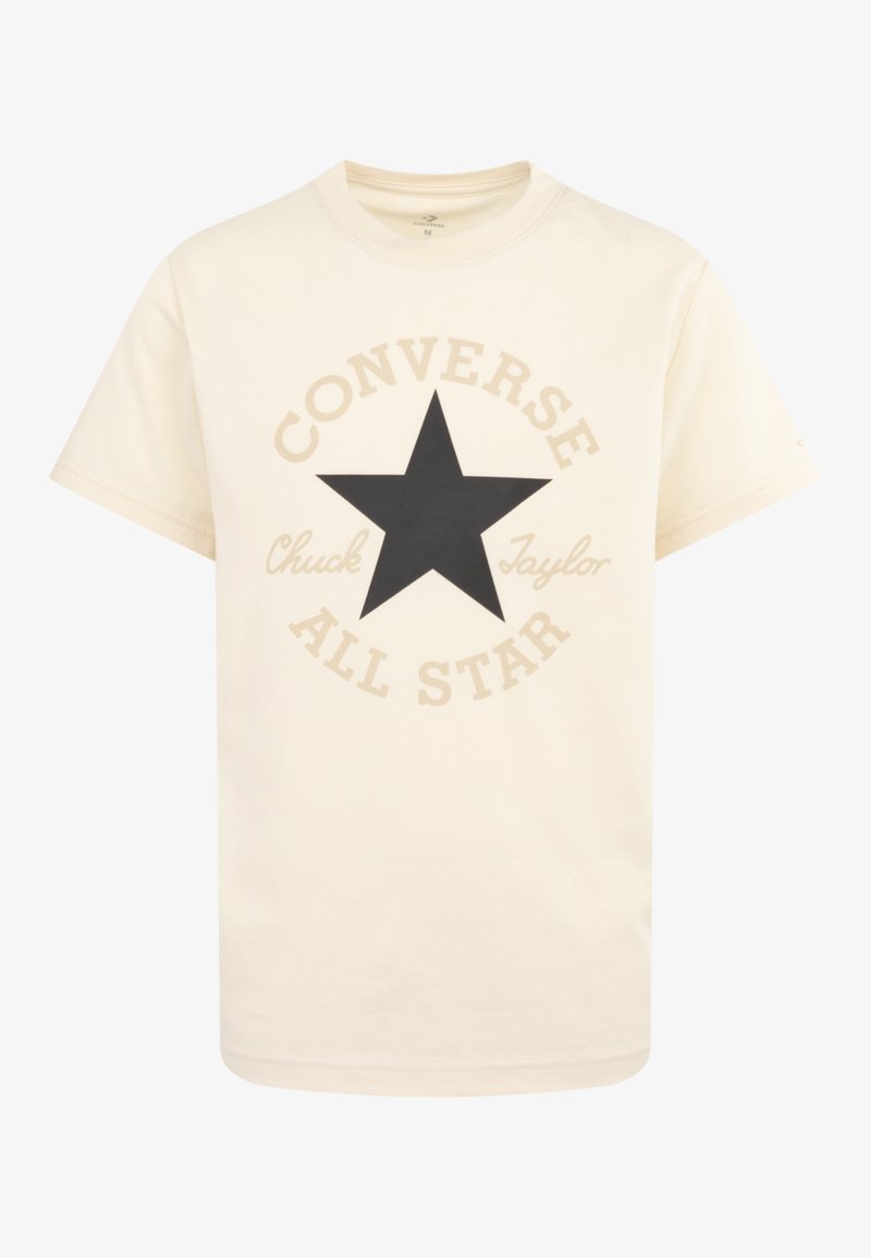 Kremowa koszulka z bawełny z okrągłym dekoltem. Posiada dużą czarną gwiazdę i napis "Converse All Star" w beżowym kolorze wokół niej.