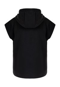 Zwarte mouwloze hoodie met een hoge halslijn en textuurstof. Heeft een opvallende capuchon en strakke lijnen zonder extra accenten.