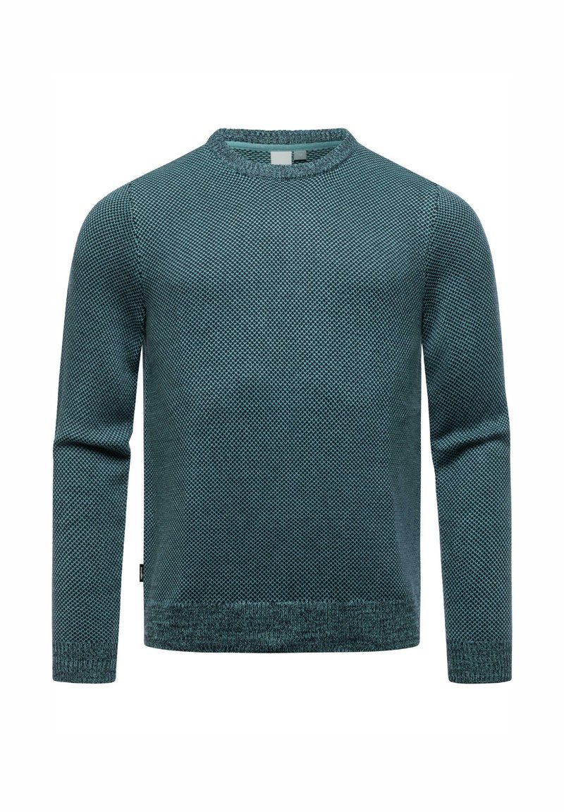 Gestickter Pullover in dunkelblaugrün mit einem strukturierten Rautenmuster. Mit rundem Halsausschnitt und langen Ärmeln, sowie gerippten Bündchen und Saum.