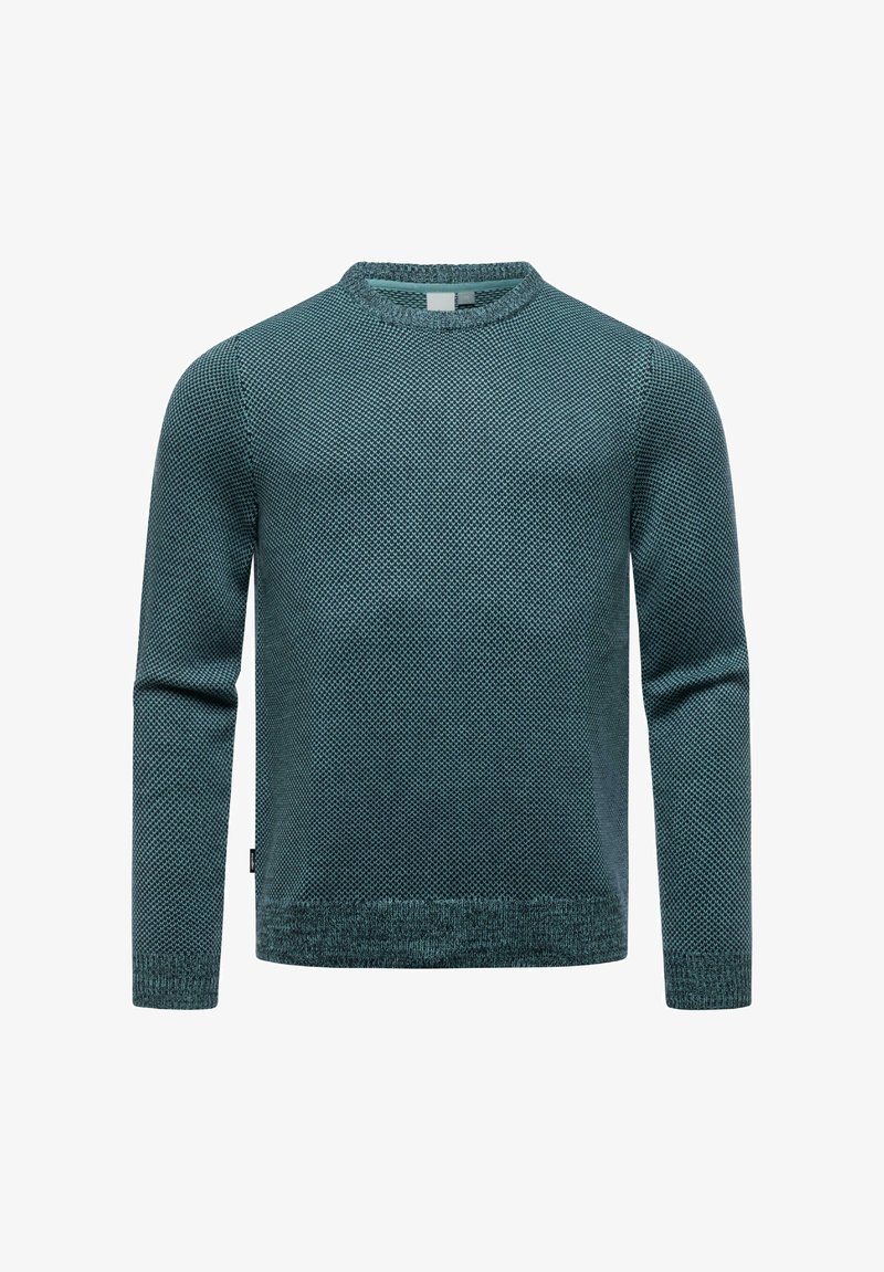 Dzianinowy sweter w ciemnym turkusie z teksturowanym, diamentowym wzorem. Posiada okrągły dekolt i długie rękawy, z prążkowanymi mankietami i dołem.