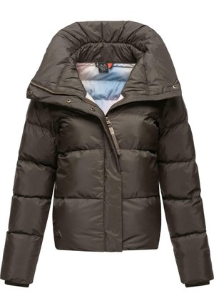 Brown puffer jacket with a large hood, front zipper, and ribbed cuffs. Features padded sections and a light-colored inner lining.