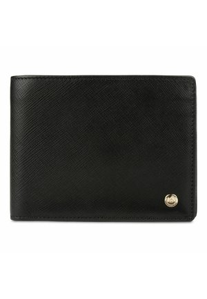 Portafoglio in pelle nera texturizzata con bordi cuciti, chiuso, con un piccolo emblema rotondo dorato nell'angolo in basso a destra.