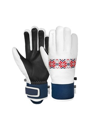 Winterhandschuhe mit einer weißen Ledersohle, einer schwarzen strukturierten Unterseite und einem blauen Stoffbund mit einem bunten geometrischen Muster.