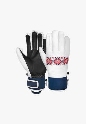 Winterhandschuhe mit einer weißen Ledersohle, einer schwarzen strukturierten Unterseite und einem blauen Stoffbund mit einem bunten geometrischen Muster.