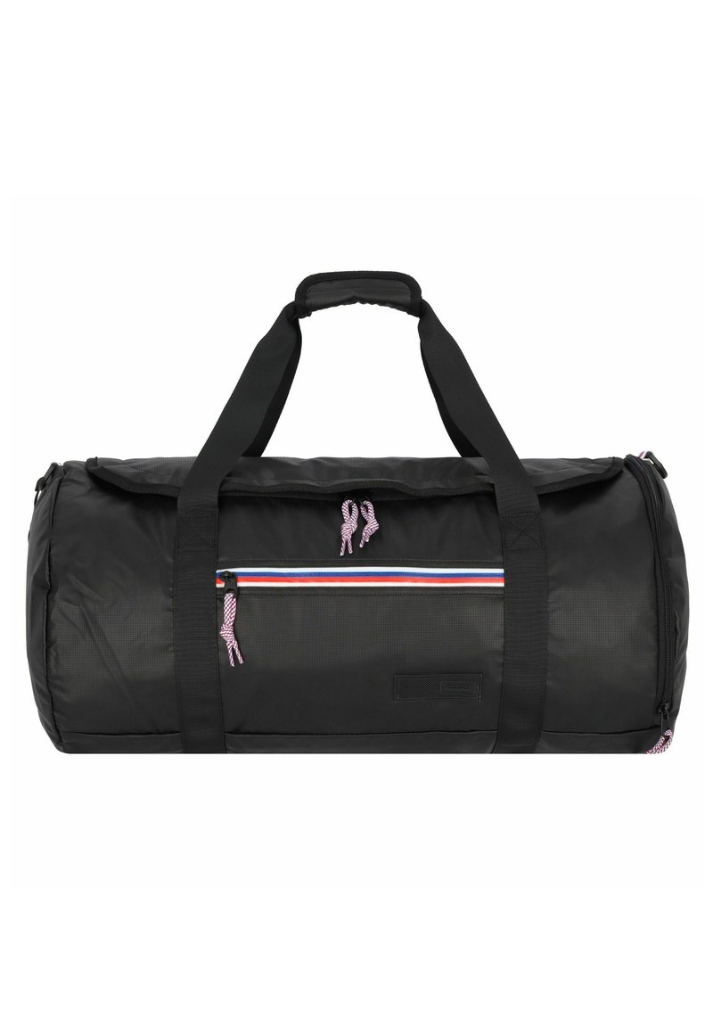 Borsa duffel nera in nylon con finitura testurizzata, dotata di manici doppi, una tasca frontale a righe e cordini a contrasto.