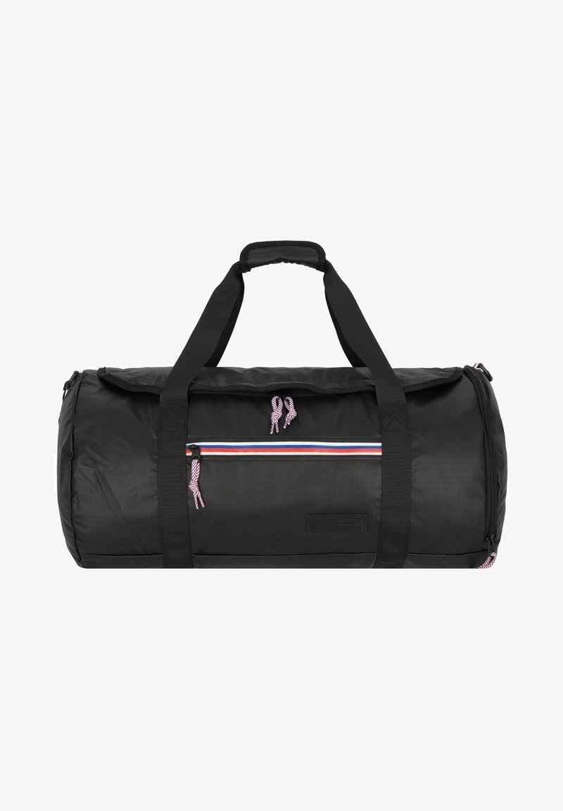 Borsa duffel nera in nylon con finitura testurizzata, dotata di manici doppi, una tasca frontale a righe e cordini a contrasto.