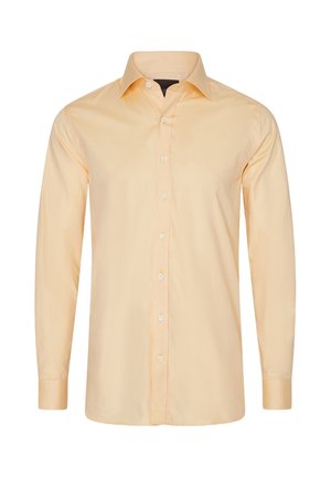 Light yellow long-sleeve shirt made of smooth fabric, featuring a collar, full button closure, and buttoned cuffs.