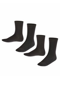 Calcetines de algodón negros con puño acanalado, textura suave y puntera reforzada. El paquete incluye cuatro pares con un branding sutil.