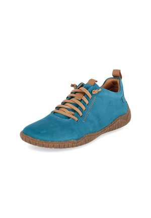 Casual teal veterlaars met bruine zool en veters, met een trekflapje aan de hiel en gestikte details aan de zijkant.