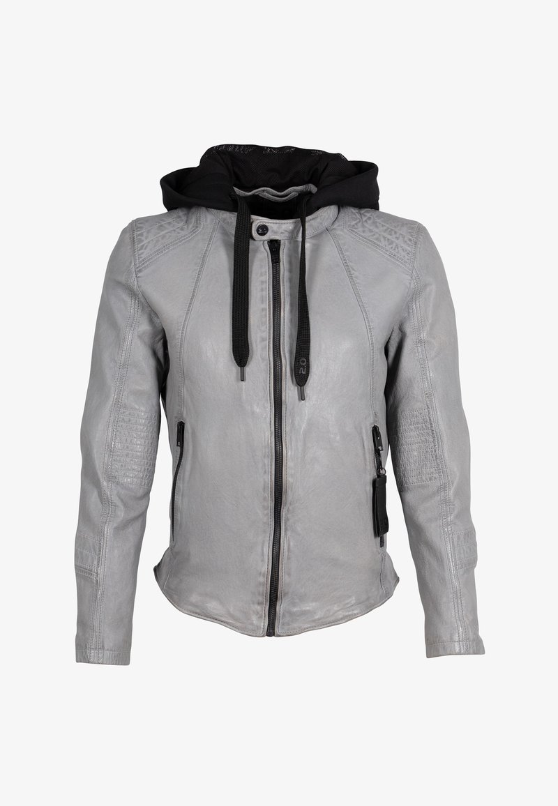 Graue Lederjacke mit schwarzer Kapuze, Reißverschluss, strukturierten Schulter- und Ärmeldetails sowie zwei seitlichen Reißverschlusstaschen.