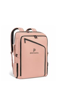 Zaino rosa con zip e dettagli neri. Realizzato in materiale durevole, presenta spallacci doppi e diversi scomparti con zip.