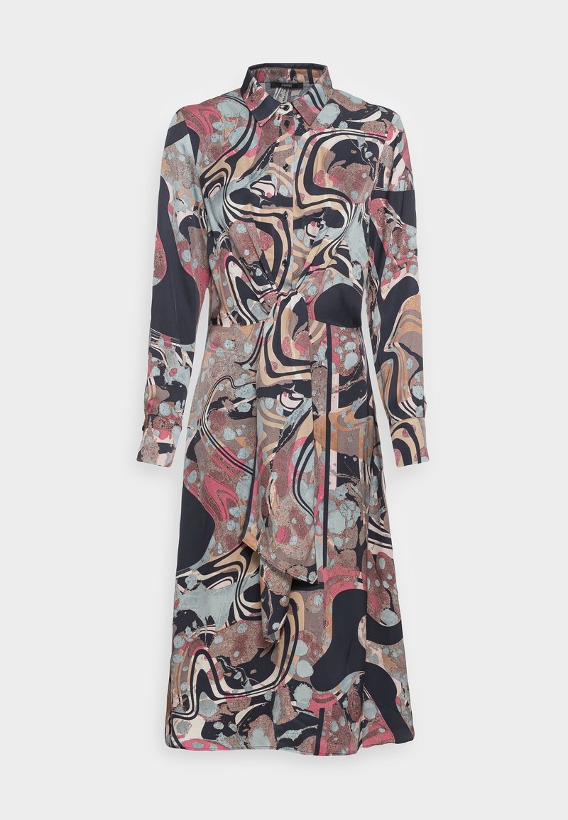 Robe midi à manches longues avec col, motifs abstraits multicolores dans des tons sourds et détail volant asymétrique à la taille.