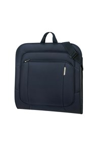 Marine Laptop-Tasche mit strukturiertem Stoff, gepolsterten Fächern, einem vorderen Reißverschlussfach, zwei Griffen und einem abnehmbaren Schultergurt.