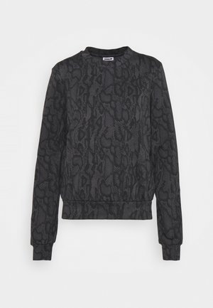 Sort langærmet crewneck-sweatshirt med mørkegråt slangeprintmønster og ribstrikkede manchetter og kant.