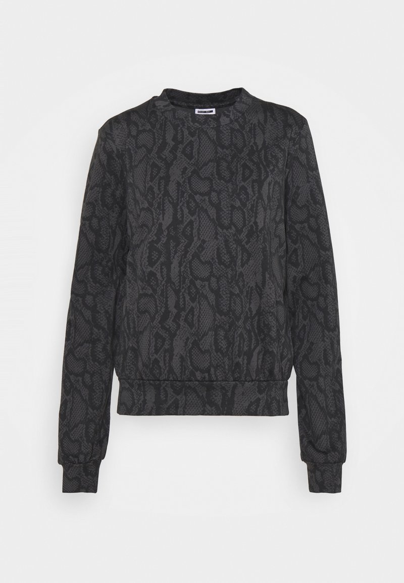 Sweat-shirt noir à manches longues, col rond, motif serpent gris foncé avec poignets et bas côtelés.