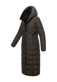 Lång, mörkbrun vadderad jacka med en stor huva, zippered fram, sidofickor och elastiska ärmslut. Insidan har en mjuk, svart foder.