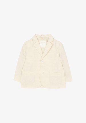 Cremekleurig corduroy jasje voor peuters met twee knopen aan de voorkant, inkeping revers en twee zakken aan de voorkant.