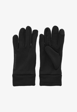 Zwarte handschoenen van textiel met een geruit patroon, met een strakke pasvorm en een logo op het polsgebied. Vijfvingerontwerp.