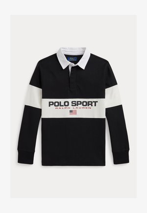 Svart långärmad pikétröja med vit horisontell rand; har en viks-över-krage, tvåknappsläpp och texten "POLO SPORT".