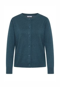 Teal gebreide cardigan met een ronde halslijn, lange mouwen en zes bijpassende knopen aan de voorkant. Soepele textuur met een klassieke pasvorm.