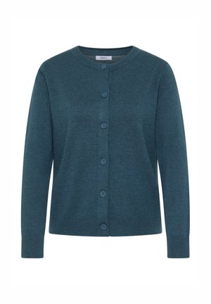 Cardigan lavorato a maglia color teal con scollo rotondo, maniche lunghe e sei bottoni abbinati lungo il davanti. Texture liscia con vestibilità classica.