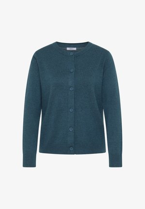 Teal knitted cardigan with a round neckline, long sleeves, and six matching buttons down the front. Smooth texture with a classic fit.