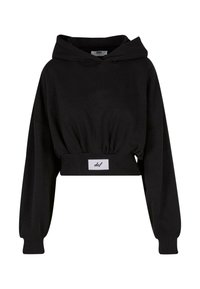 Zwarte cropped hoodie gemaakt van zacht katoenmateriaal. Beschikt over een capuchon met trekkoord, lange mouwen en een gestikt label op de taille.