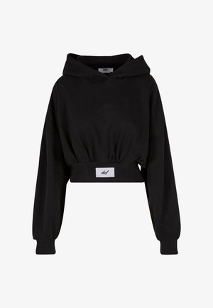 Schwarze, verkürzte Kapuzenjacke aus weichem Baumwollmaterial. Verfügt über eine Kordelzugkapuze, lange Ärmel und ein angenähtes Etikett an der Taille.