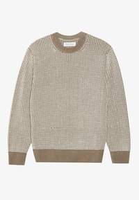 Maglione lavorato a maglia beige con un motivo testurizzato, scollatura rotonda e polsini a costine. Presenta un bordino di colore più scuro in contrasto sulle maniche e sul fondo.