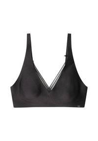 Soutien-gorge noir sans armatures avec larges bretelles, décolleté en V profond et bande de tulle transparent le long des bonnets, présenté sur fond blanc.