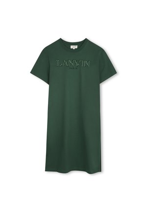 Vihreä puuvillainen t-paitamekko, jossa on lyhyet hihat, pyöreä pääntie ja etuosassa kontrastivärinen "LANVIN PARIS" -logo.