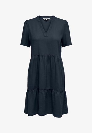 Rochie scurtă albastru închis, cu mâneci scurte, cu volane, decolteu în V și cusături adunate la talie și tiv.