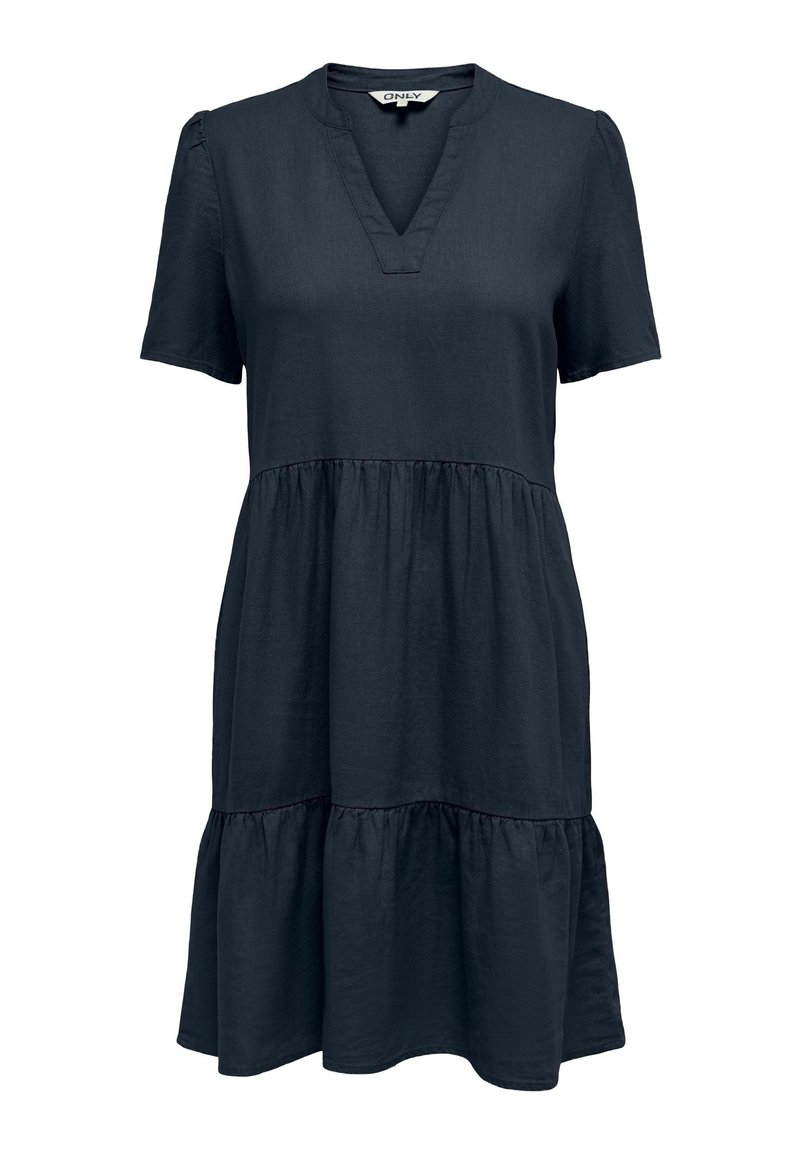 Krótka sukienka w ciemnym granatowym kolorze z krótkim rękawem, warstwowa, z dekoltem w kształcie litery V oraz marszczonymi szwami w talii i na dole.