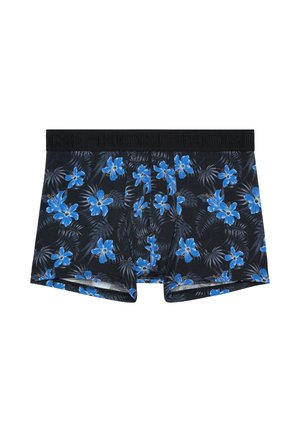 Black men's boxer briefs with a blue hibiscus floral and palm leaf pattern and a plain black elastic waistband.