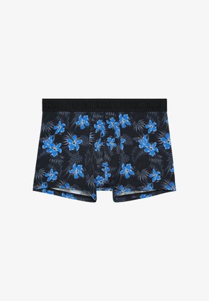 Schwarze Herrenboxershorts mit blauem Hibiskus- und Palmenblattmuster und einem schlichten schwarzen elastischen Bund.