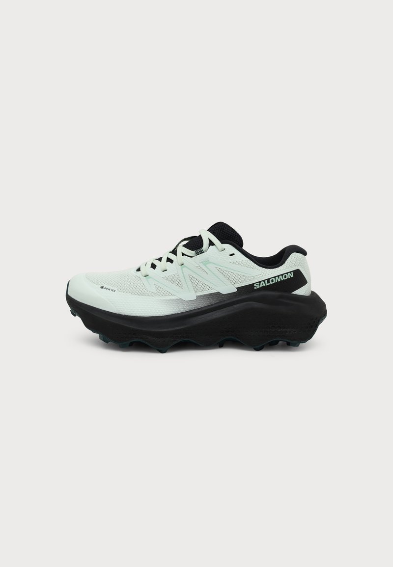 Chaussure de course Salomon vert clair et noir avec une semelle épaisse et des lacets, montrée de profil sur un fond uni.