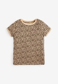 Beiges T-Shirt mit kurzen Ärmeln, durchgehend kleinem schwarzem Leopardenmuster und einfarbigem beigen Kragen sowie Ärmelabschlüssen.