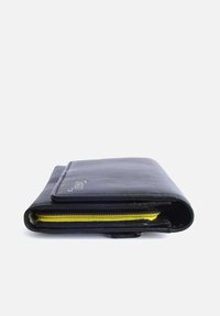 Black leather wallet with a yellow zippered section. Features a fold-over design and a subtle logo on the front. Smooth texture overall.