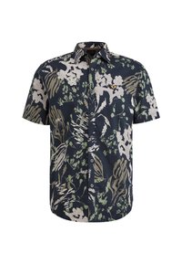 Camisa de manga corta hecha de tela con una base en azul marino oscuro, que presenta un patrón floral en verde y blanco, con un pequeño logotipo en el pecho.