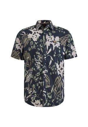 Kraťasová košeľa vyrobená z tkaniny s tmavo námorníckou základňou, s kvetinovým vzorom v zelenej a bielej farbe a malým logom na hrudi.