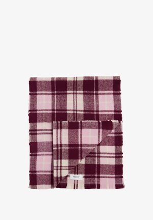 Paars en roze geruite sjaal, gemaakt van zachte stof, met franjes aan de randen en een wit label in de onderste hoek.