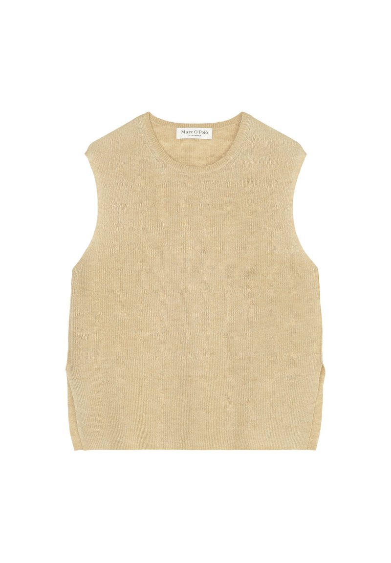Beige ärmelloses Top mit gerippter Textur, rundem Halsausschnitt und seitlichen Schlitzen. Hergestellt aus weichem Material und weist ein dezentes, lässiges Design auf.