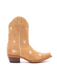 Stivale cowboy in suede color talpa con ritagli a forma di stella, punta affusolata, dettagli di cucitura e tacco basso impilato. Texture liscia con un design western.