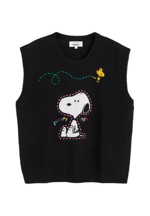 Zwarte mouwloze sweater met kleurrijk geborduurde Snoopy- en Woodstock-figuren uit de Peanuts-strip.