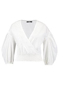 Vit omslagstopp med ballongärmar, texturerad smockmidja och djup V-ringning. Slätt tyg med subtil lyster, inga synliga knäppningar.