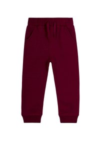 Bordové joggingové nohavice vyrobené z mäkkého materiálu, s elastickým pásom na šnúrku, dvoma bočnými vreckami a zúženými manžetami.