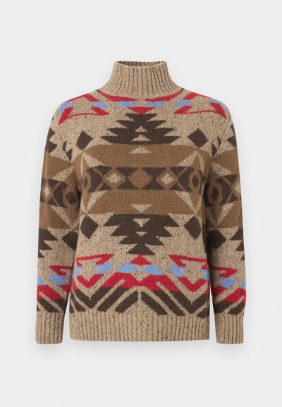 Brun strikket sweater med høj krave med geometriske mønstre i mørkebrun, rød og blå. Tekstureret garn med et hyggeligt udseende.