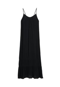 Zwarte spaghetti strap jurk met een ontspannen pasvorm, gathered halslijn en een gelaagde, gerimpelde zoom van een lichte, gestructureerde stof.