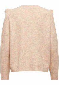 Jasnoróżowy sweter z dzianiny o miękkiej fakturze, z opuszczanymi ramionami, zaokrąglonym dekoltem i ściągaczem u dołu. Widok z tyłu ukazuje minimalistyczne detale.