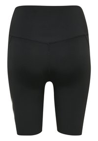 Svarta cykelshorts med hög midja, tillverkade av elastiskt tyg. Slät yta, inga synliga mönster och minimal detaljering.